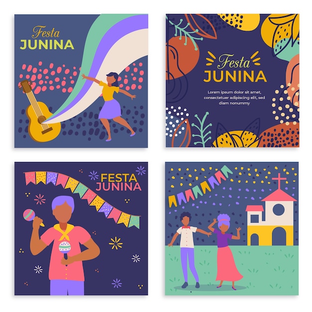 Vector gratuito plantilla de colección de tarjetas de diseño plano festa junina