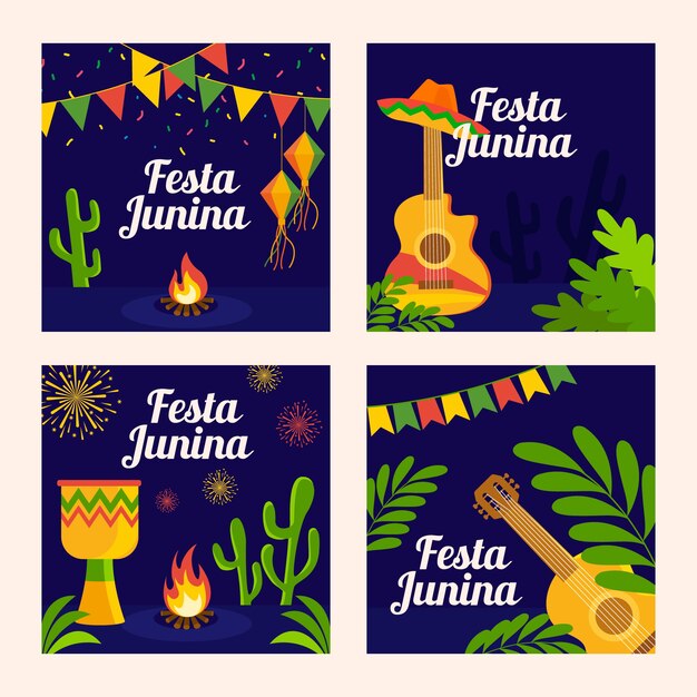 Plantilla de colección de tarjetas Festa junina en diseño plano