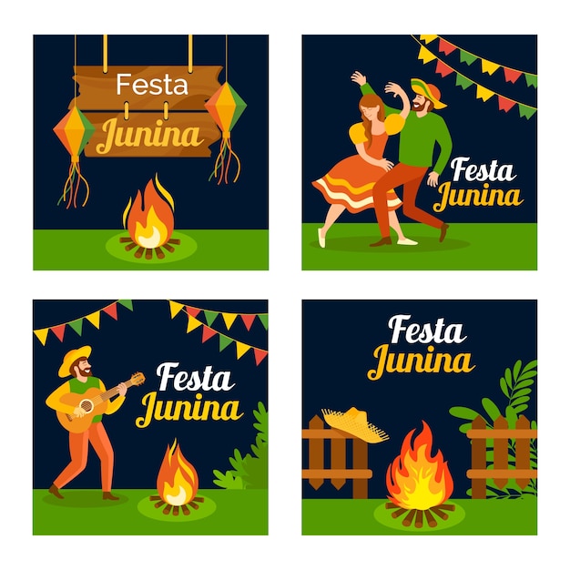 Plantilla de colección de tarjetas festa junina en diseño plano