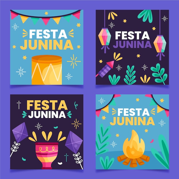 Vector gratuito plantilla de colección de tarjetas festa junina en diseño plano