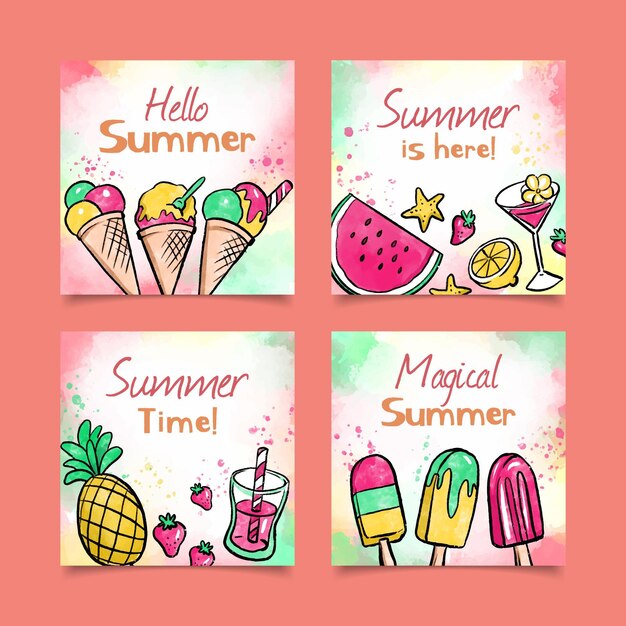 Plantilla de colección de tarjetas de verano acuarela