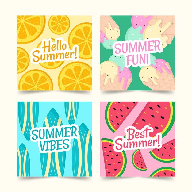 Plantilla de colección de tarjetas de verano en diseño plano