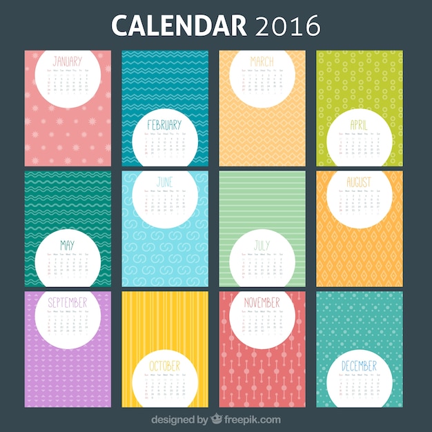 Vector gratuito plantilla colorida de calendario 2016