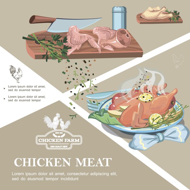 Plantilla colorida de carne de pollo con patas crudas alas cuchillo de jamón especias salero en tabla de cortar y harina de pollo asado