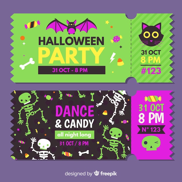 Vector gratuito plantilla colorida de entradas de fiesta de halloween dibujada a mano