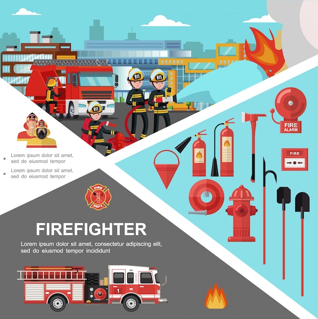 Plantilla colorida de extinción de incendios con bomberos que extinguen equipos y herramientas de bomberos y bomberos en estilo plano