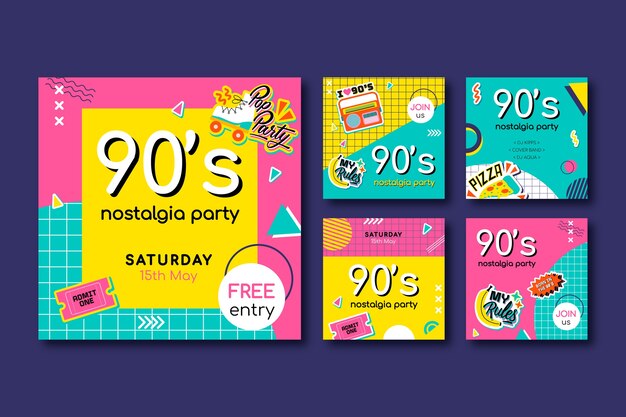 Plantilla colorida de fiesta de los 90 de diseño plano