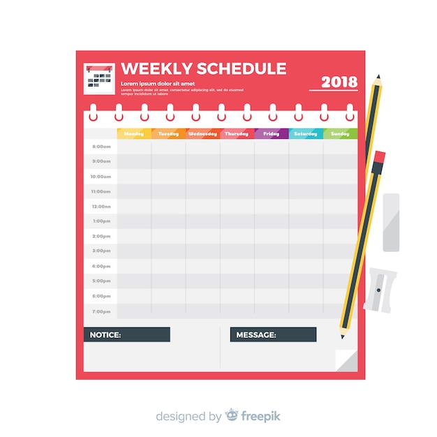 Vector gratuito plantilla colorida de horario semanal con diseño plano