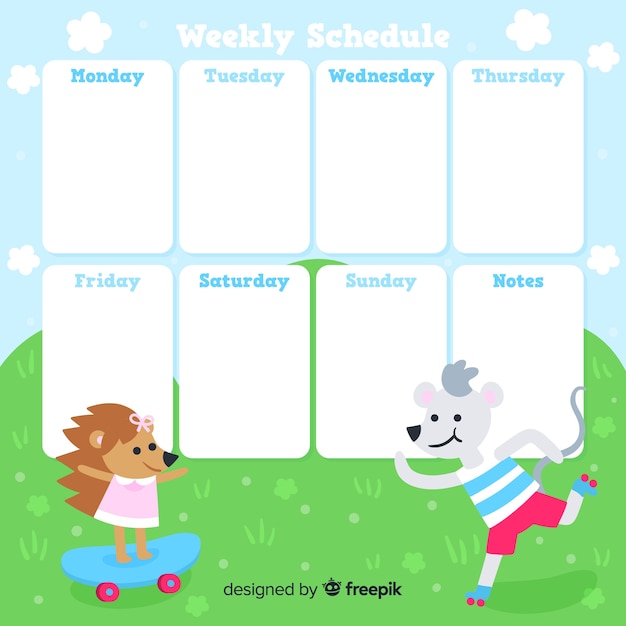 Vector gratuito plantilla colorida de horario semanal con estilo adorable