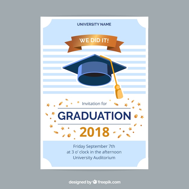 Plantilla colorida de invitación a graduación con diseño plano