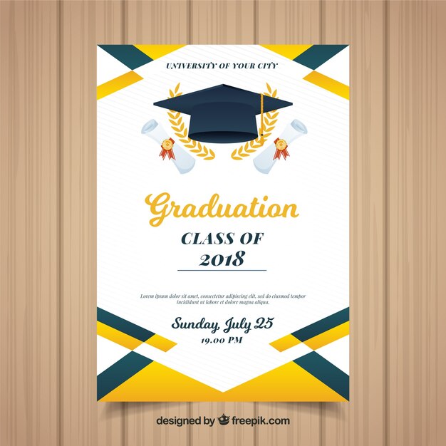 Plantilla colorida de invitación a graduación con diseño plano