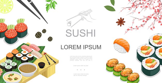 Plantilla colorida isométrica de comida japonesa con sushi sashimi rollos salsas especias lima rebanada palillos sakura rama ilustración