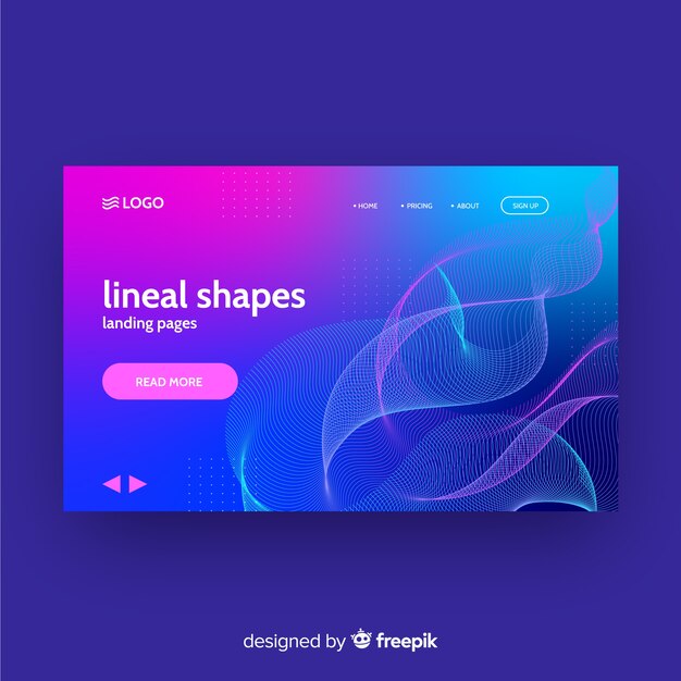 Plantilla colorida de landing page abstracta con formas lineales