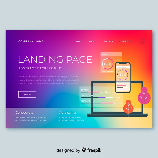 Plantilla colorida de landing page en estilo degradado