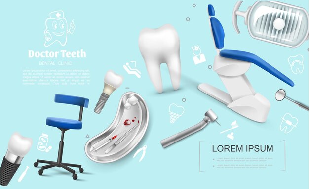 Plantilla colorida de odontología realista con sillones médicos, implantes dentales, máquina de dientes, lámpara de espejo, bandeja de metal, gancho de jeringa, dientes extraídos, bolas de algodón