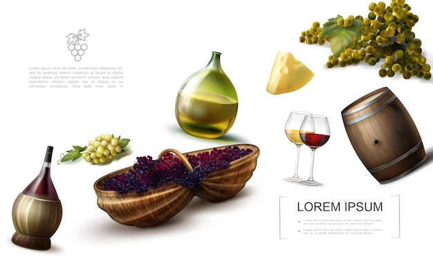 Vector gratuito plantilla colorida de uva realista con botellas y vasos de vino, queso, barril de madera, racimos de uvas blancas y rojas