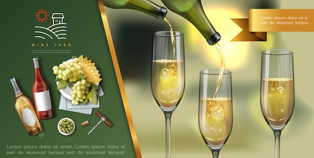 La plantilla colorida de vino realista con vino blanco se vierte en vasos de botellas sacacorchos queso aceitunas verdes