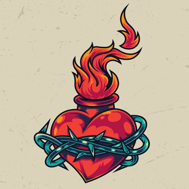 Plantilla colorida vintage corazón ardiente