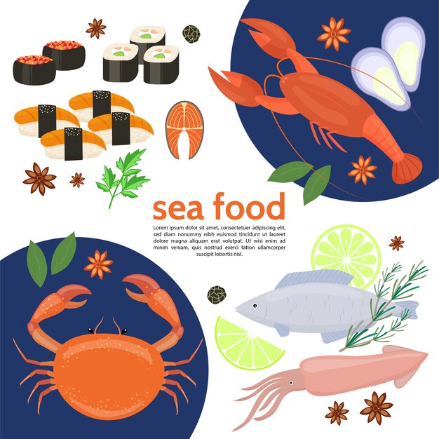 Plantilla de comida de mar natural plana con cangrejo langosta calamar pescado rollos de sushi hierbas limón caviar aislado ilustración vectorial