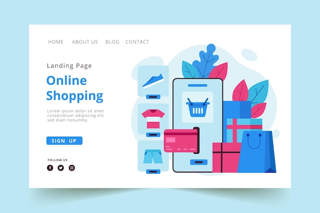 Plantilla de compras en línea de página de destino de diseño plano