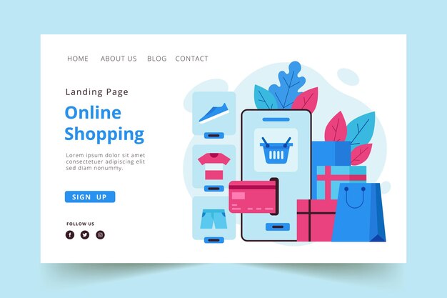 Plantilla de compras en línea de página de destino de diseño plano