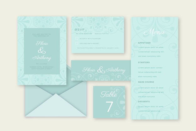 Vector gratuito plantilla de conjunto de papelería de boda