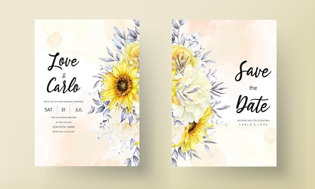 Plantilla de conjunto de tarjeta de invitación de boda floral acuarela