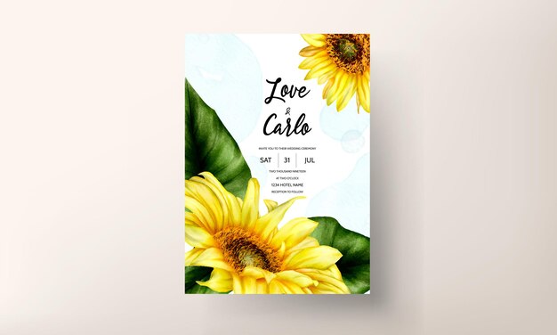 plantilla de conjunto de tarjeta de invitación floral de flor de sol acuarela