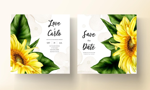 Plantilla de conjunto de tarjeta de invitación floral de flor de sol acuarela