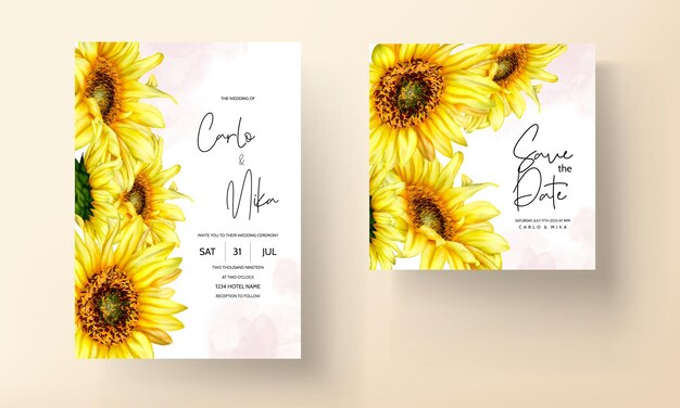 plantilla de conjunto de tarjeta de invitación floral de flor de sol acuarela
