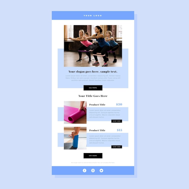 Plantilla de correo electrónico de fitness minimalista con fotos