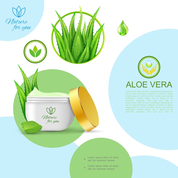 Plantilla cosmética natural orgánica realista con paquete de crema saludable para el cuidado de la piel y planta de aloe vera