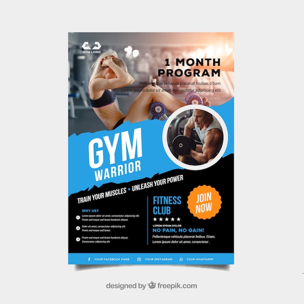 Plantilla de cover de gimnasio azul y negro con imagen