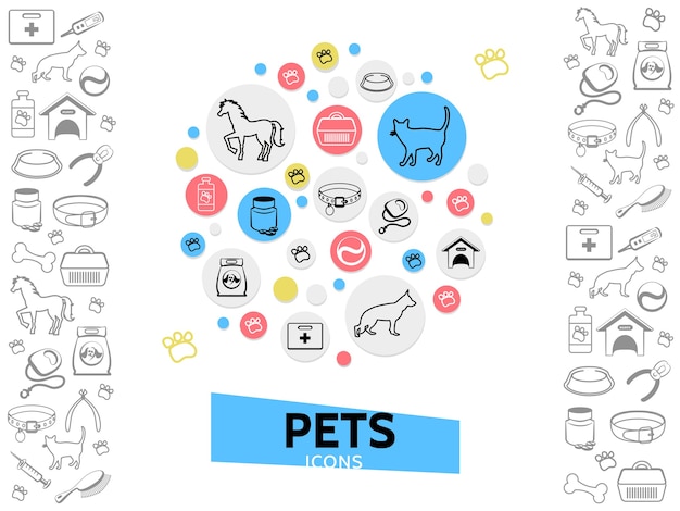 Vector gratuito plantilla de cuidado de mascotas con collares de perro gato alimentador de caseta de perro kit médico pastillas de correa peine cortaúñas