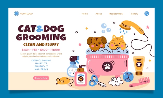 Vector gratuito plantilla de cuidado de mascotas de diseño plano