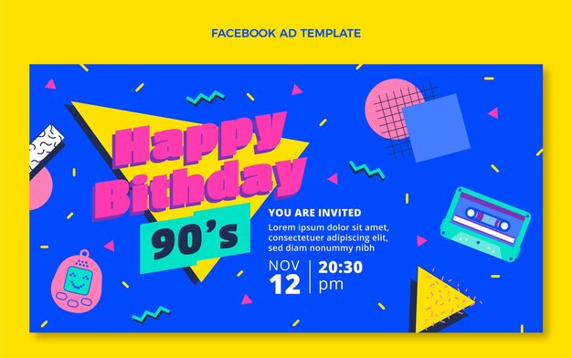 Plantilla de cumpleaños nostálgico de diseño plano de los 90