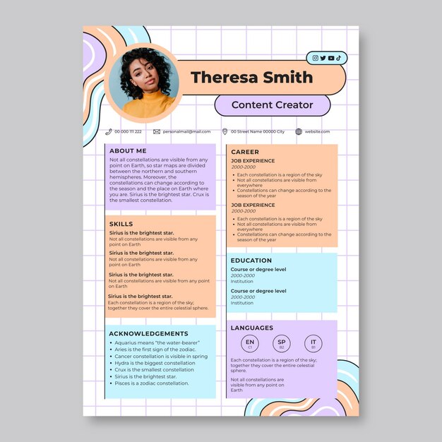 plantilla de currículum de influencers de ondas pastel