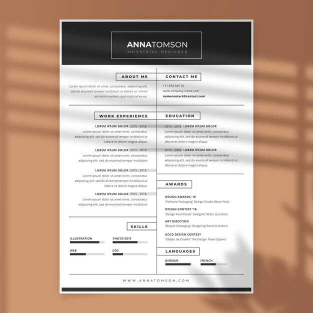 Plantilla de curriculum vitae en blanco y negro