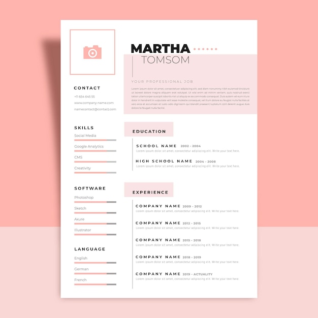 Vector gratuito plantilla de curriculum vitae blanco y rosa