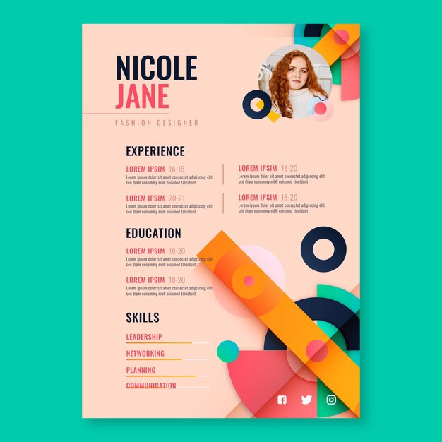Plantilla curriculum vitae diseñador de moda plana