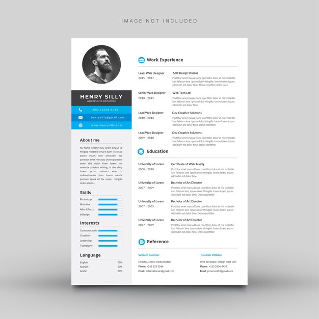 Plantilla cv blanca con detalles en azul y gris.