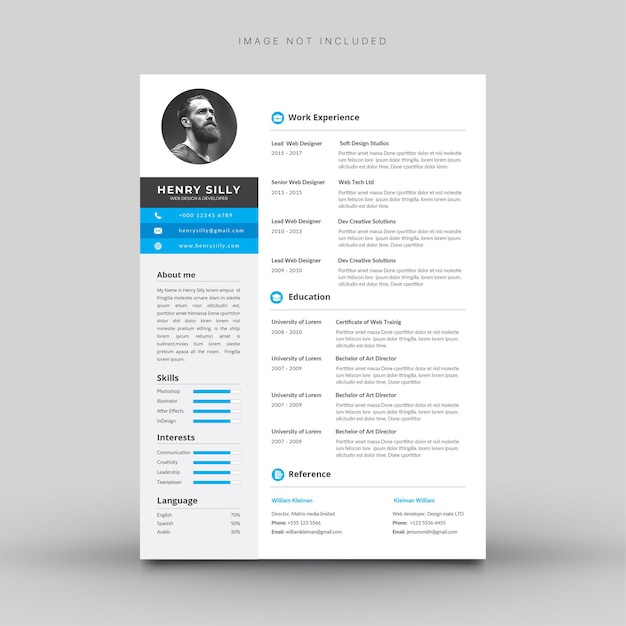 Plantilla cv blanca con detalles en azul y gris.