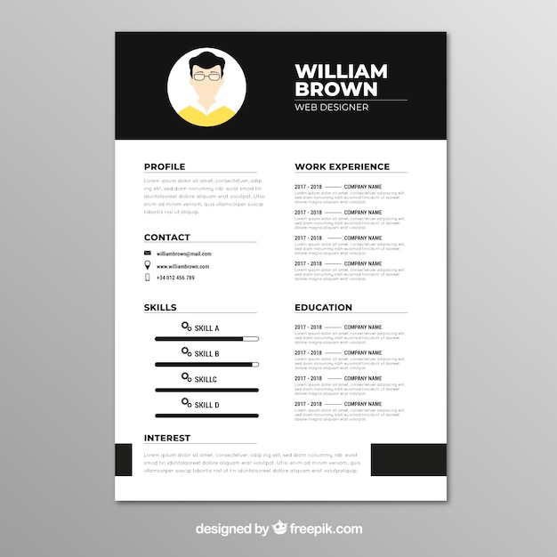 Vector gratuito plantilla de cv blanco y negro