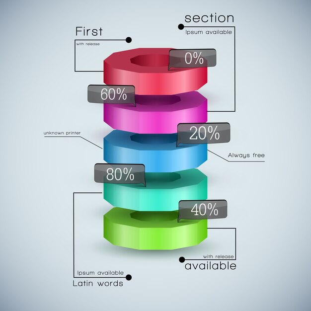 Plantilla de diagrama de negocios 3d realista con campos de texto y proporción de porcentaje de colores