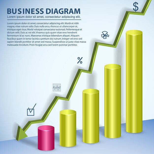 Plantilla de diagrama de negocios colorido con campos de texto que muestran el declive