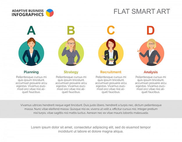 Plantilla de diapositiva de los departamentos de la compañía Gráfico. Concepto creativo para infografía, informe.