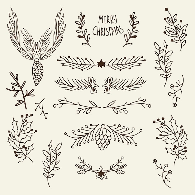 Vector gratuito plantilla dibujada a mano natural de navidad con conos de ramas de árbol y bayas de acebo en ilustración gris