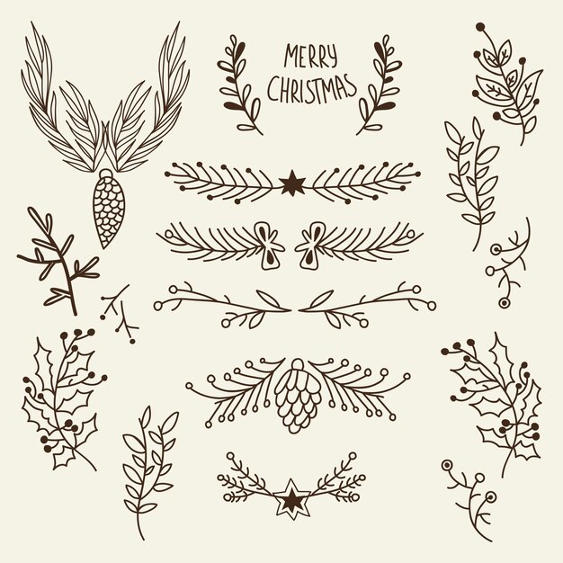 Plantilla dibujada a mano natural de Navidad con conos de ramas de árbol y bayas de acebo en ilustración gris