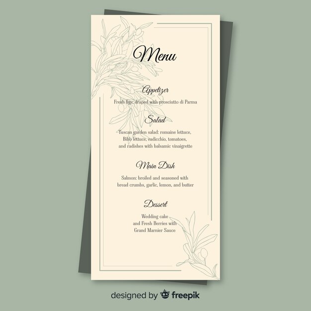 Plantilla dibujada de menú de boda