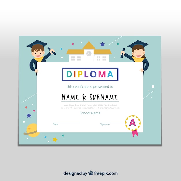 Plantilla de diploma para niños con elementos planos